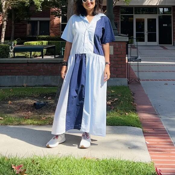 Plan C Blue Colorblock Shirt Midi Dress SMALL Cotton Oversized Designer $385 - Picture 5 of 12